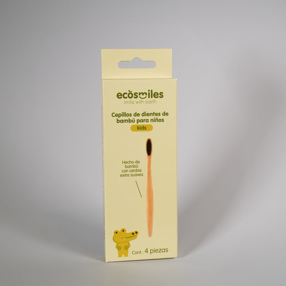 Cepillo de dientes de bambú – niños - 03 empaque angulo ecosmiles cepillo kids