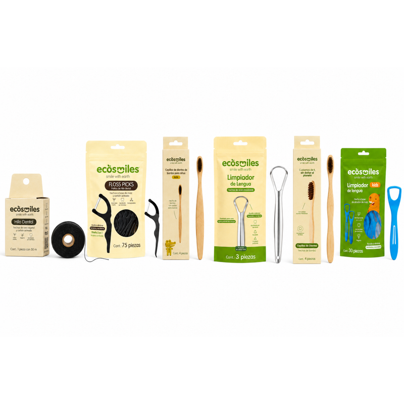 Bundle Carbón Pareja + 1 Hijo Ecosmiles · rutina familiar 3 personas · línea carbón activado con kids