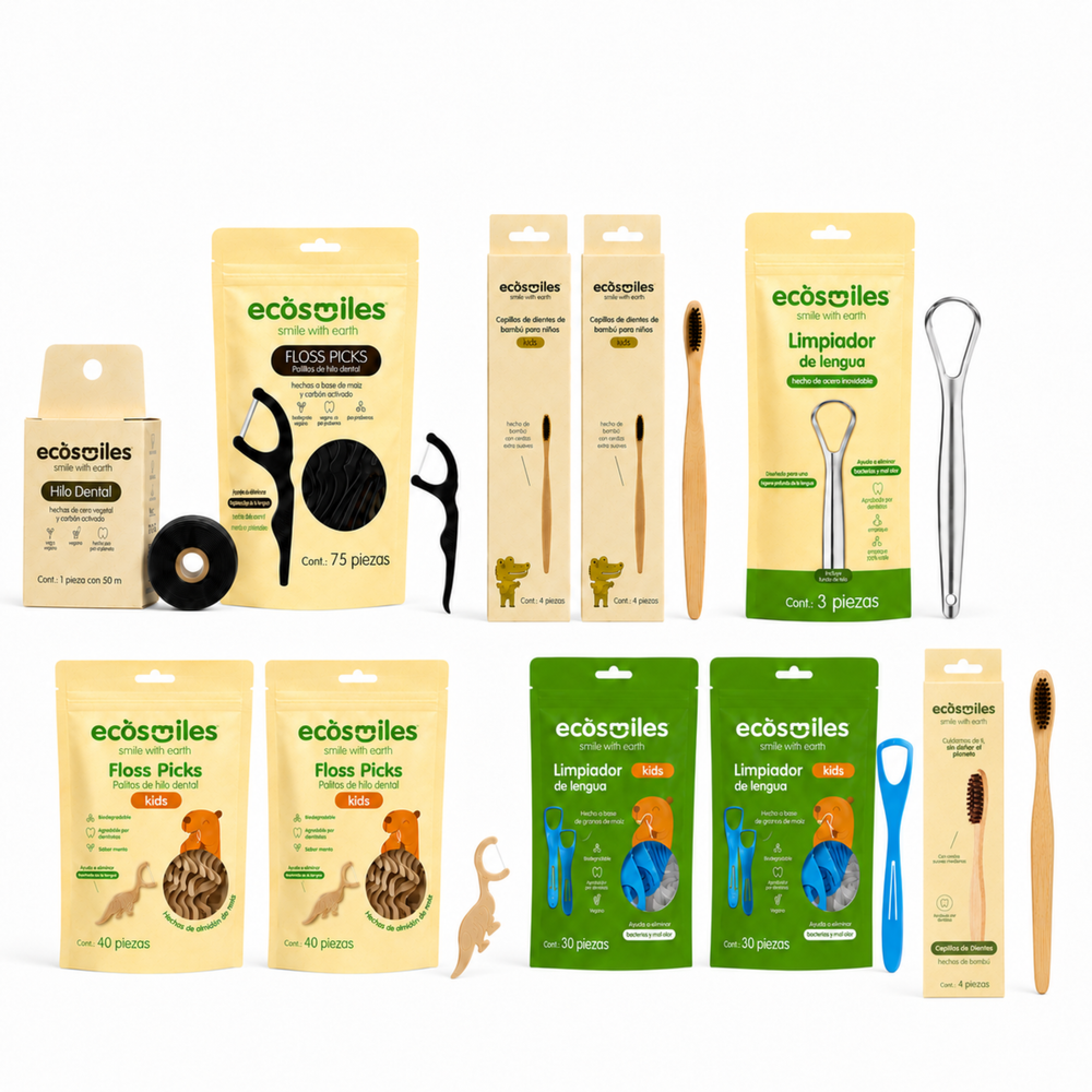 Bundle Carbón Pareja + 2 Hijos Ecosmiles · rutina familiar 4 personas · línea carbón activado con kids