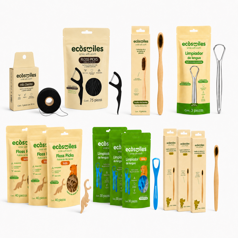 Bundle Carbón Pareja + 3 Hijos Ecosmiles · rutina familiar 5 personas · línea carbón activado con kids