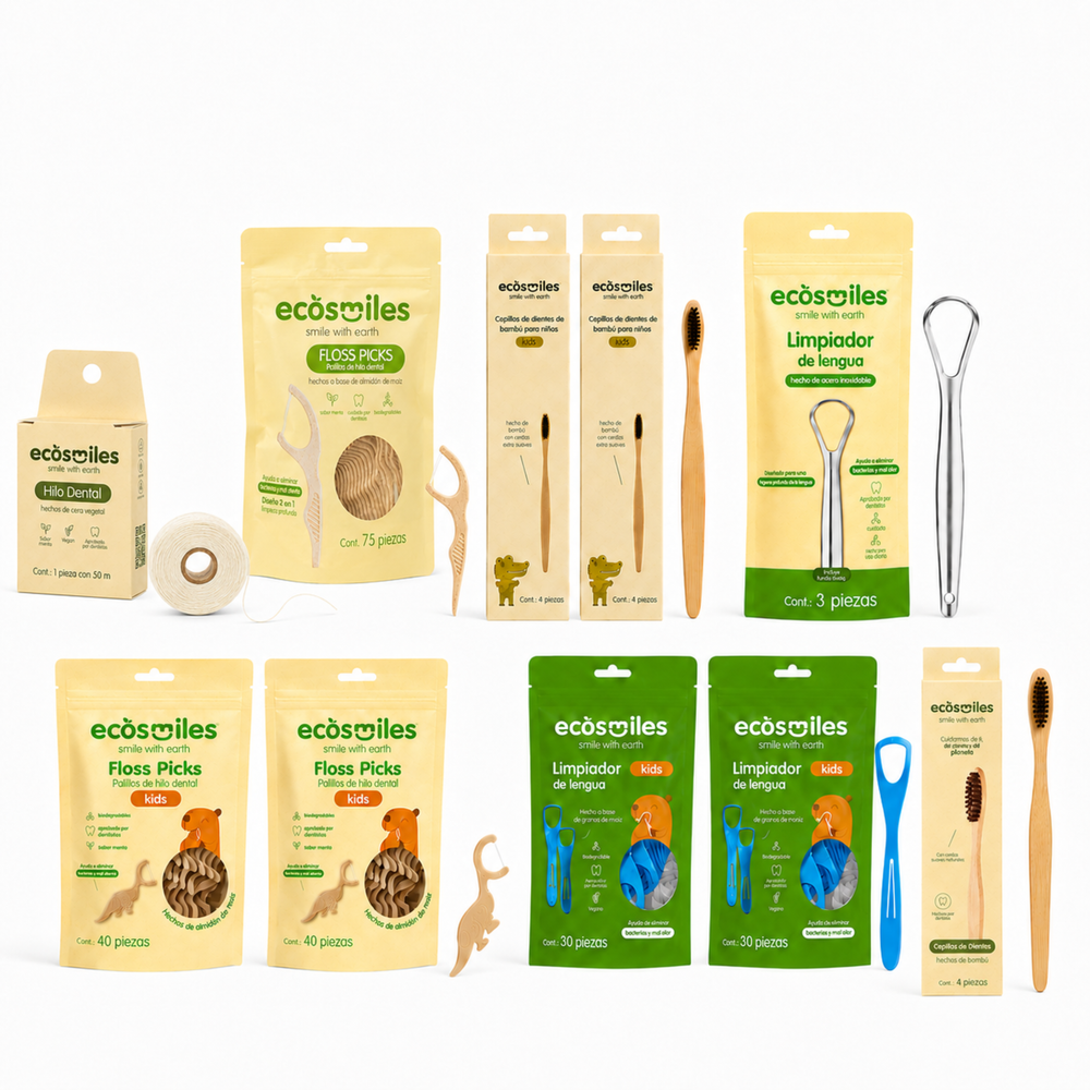 Bundle Maíz Pareja + 2 Hijos Ecosmiles · rutina familiar 4 personas · línea biodegradable de maíz con kids