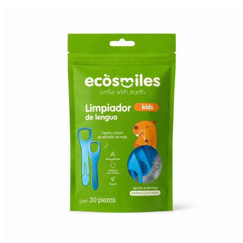 Limpiador de lengua de bambú para niños Ecosmiles · vista principal del empaque · presentación premium