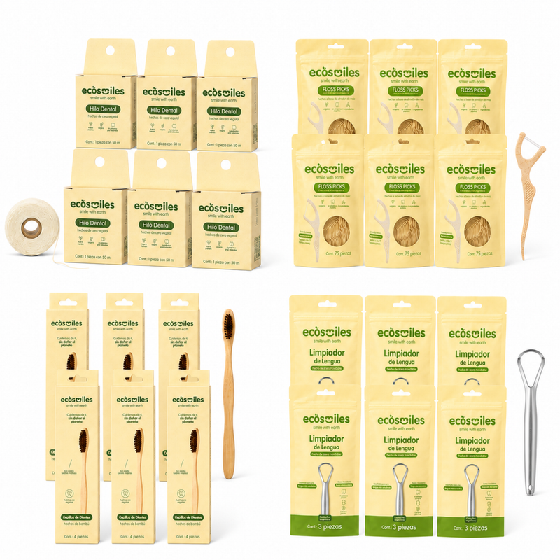Value Pack 6 Meses Maíz Ecosmiles · stock 4 adultos · 6 hilos + 6 floss + 6 cepillos + 6 limpiadores · línea biodegradable maíz