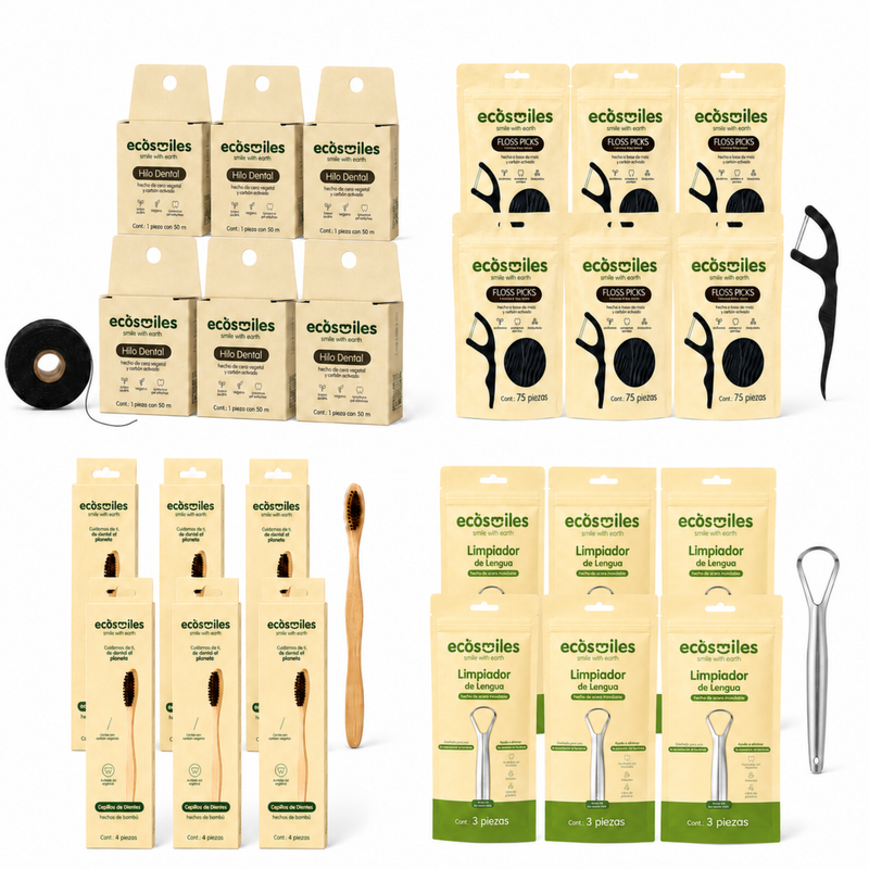Value Pack Adultos Carbón 6 meses Ecosmiles · 6 hilos + 6 floss + 6 cepillos + 6 limpiadores carbón activado · stock 4 adultos línea biodegradable